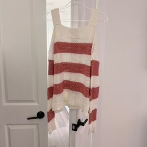 Jayne An Ageless Adventure Cotton Striped Cold Shoulder Knit Sweater Pink Cream